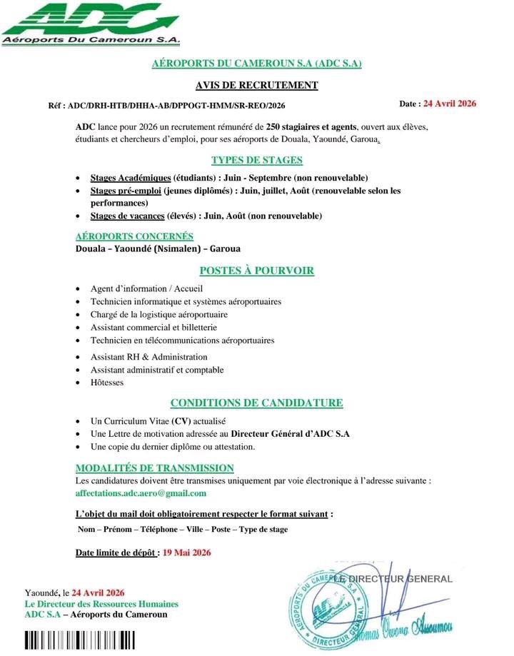 Recrutement ADC S.A. 2026 : 250 postes rémunérés de stages et agents temporaires